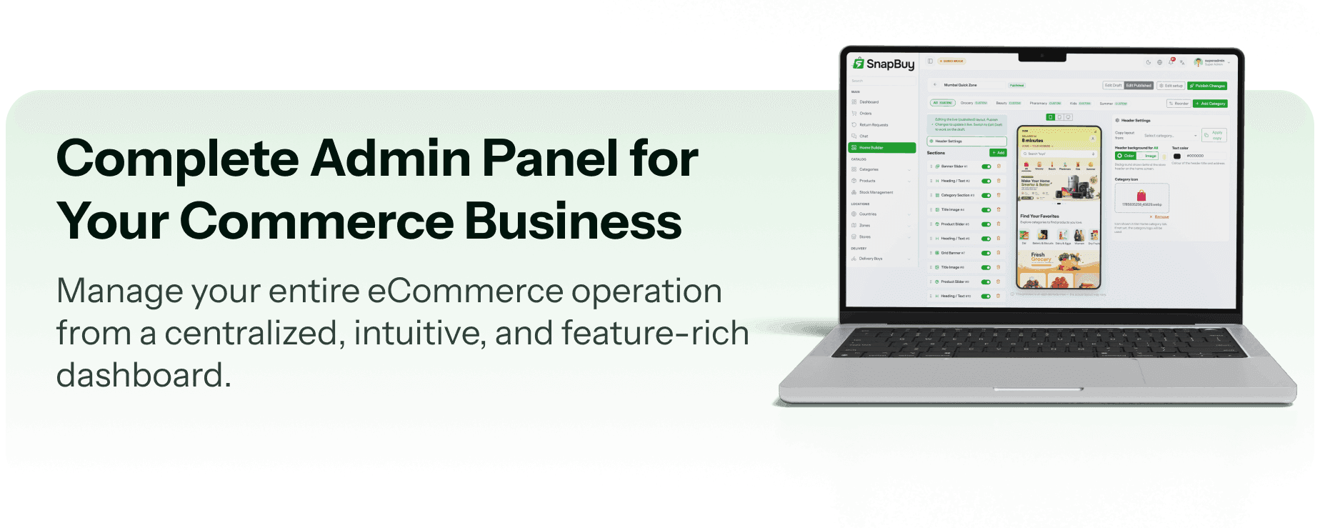 Admin Panel — Manage products, stores, zones, orders, promos, delivery staff, payouts and analytics for every country from one dashboard.
